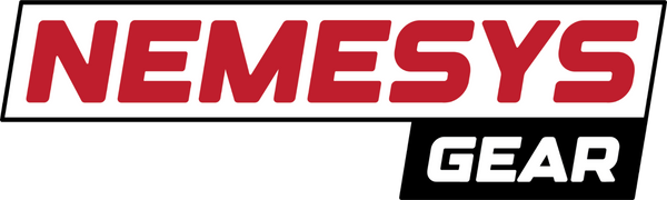 Nemesys Gear logo with red text on a white background